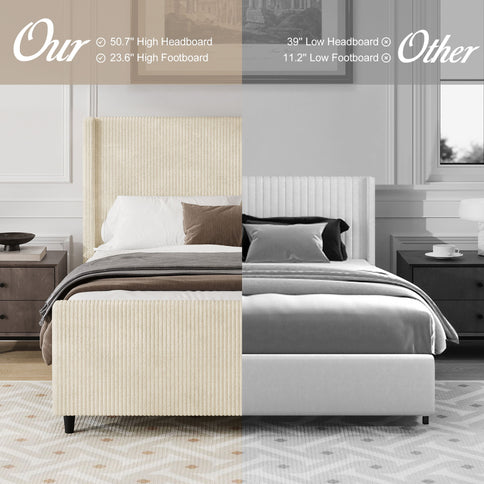 Upholstered Bed Frame With Vertical Stripe Wingback And High Footboard