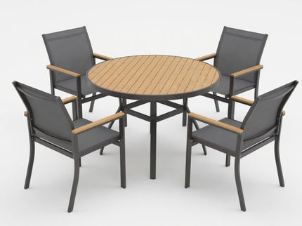Gray Aluminum Patio Dining Set With Textilene Chairs, 5 Piece All Weather Round Table And 4 Seater For Garden, Deck, Or Porch
