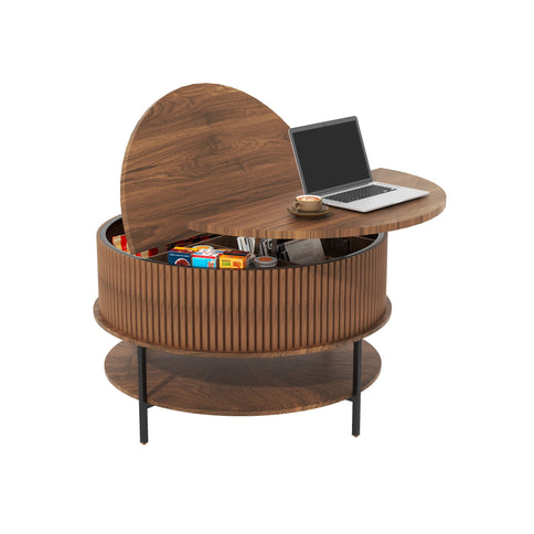 Lift Top Coffee Table, Round Storage Cocktail Table With Reinforced Legs, Safe Rounded Design - Brown
