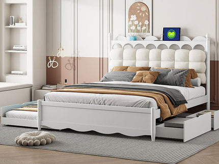 Storage Platform Bed, With 2 Big Drawers, Trundle, One Set Of Sockets & USB Ports