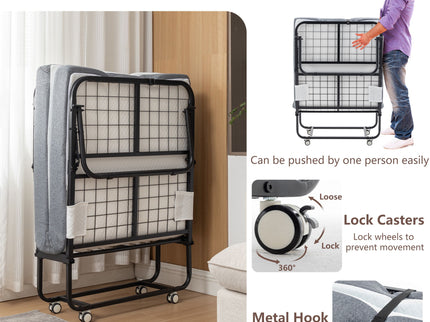 Foldable Metal Frame Bed For Guest With Memory Foam Mattress On Wheels, Saving Space Rollaway Bed