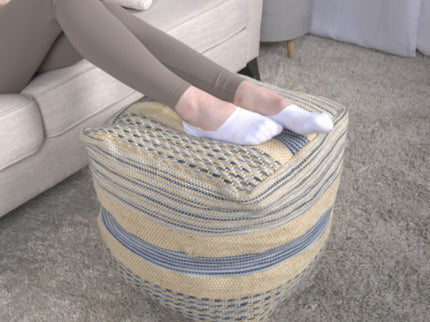 Western - Handcrafted Fabric Pouf, Durable - Natural / Blue