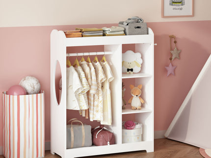 Dress Up Storage With Mirror And Hooks, Clothes Rack With Hanging Rod, 3 Side Hooks, Open Shelves, Top Shelf Organizer - White