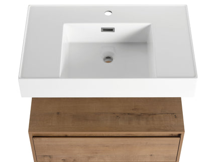 Contemporary Wall Mounted Bathroom Vanity With Resin Sink And 2 Side Cabinet - Imitative Oak