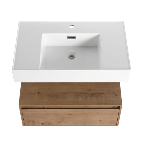 Contemporary Wall Mounted Bathroom Vanity With Resin Sink And 2 Side Cabinet - Imitative Oak