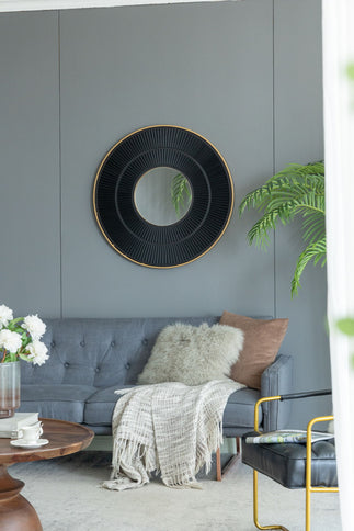 Round Carter Wooden Mirror WithIron Frame Neutral Colorway Wall Decor For Live Space