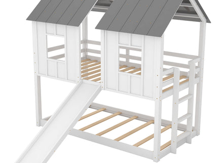 Twin Over Twin House Bunk Bed With Slide And Windows - White / Gray