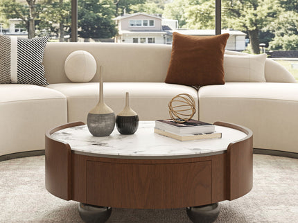 Round Coffee Table With Ball Feet, Dual Storage Drawers For Living Room - Walnut Brown