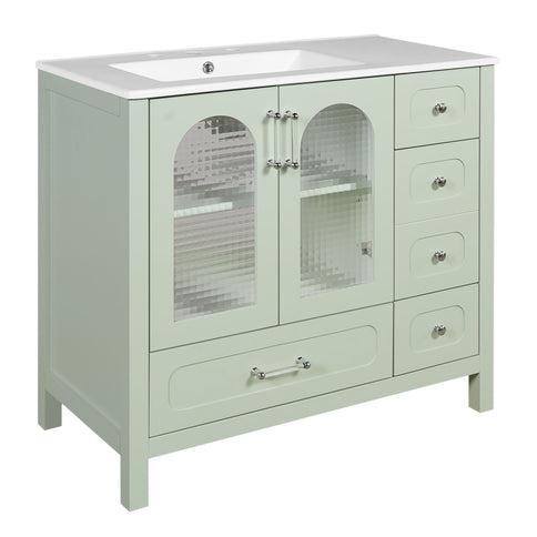 Bathroom Cabinet With Waffle Texture Doors, 4 Drawer Vanity With Soft-Closing Hinges And Glass Panels - Green