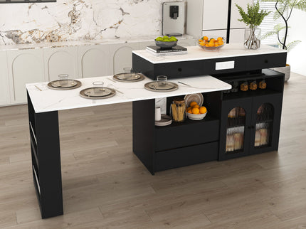 Kitchen Island With Extendable Rotating Table, 4 Drawers & Glass Door Cabinets, Built In Socket - Black