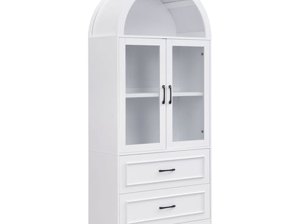 Arched Top Storage Cabinet With Fixed 2 Tier Shelves, 2 Large Drawers