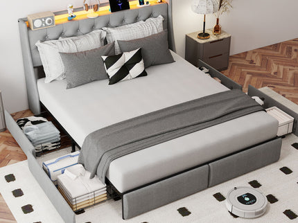 Platform Bed Frame With RGB LED Lights, Charging Station, Storage Headboard & 4 Underbed Drawers