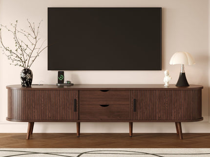 TV Stand For 70" TV, Console With Tambour Doors, Drawers And Built In Power Outlet - Dark Brown