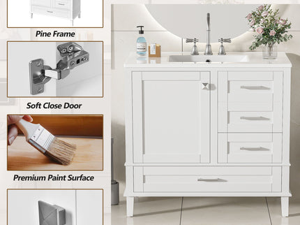 Bathroom Vanity, Modern Bathroom Cabinet With Sink Combo Set, Bathroom Storage Cabinet With A Soft Closing Door And 3 Drawers, Solid Wood Frame