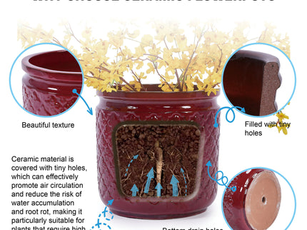 3 Pieces Ceramic Flowerpot, Planter For Patio & Garden Or Windowsills - Bean Paste Red