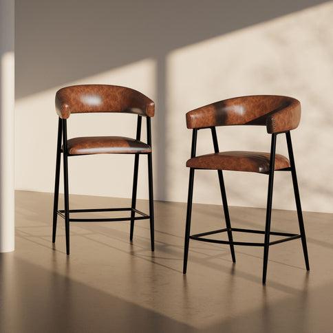 Counter Stools (Set of 2), Upholstered Counter Stools With Iron Frame, Backrest, Footrest, Arm Counter Stools For Home Bar, Kitchen Counter - Brown