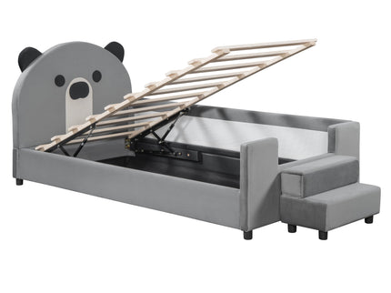 Upholstered Daybed With Bear Shaped Headboard, Hydraulic System And Breathable Fence