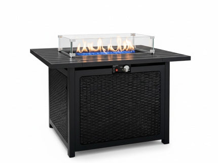 Outdoor 2 In 1 Propane Fire Pit Table With Lid & Glass Shield, Rectangular Fire Table, Lava Rock & Cover - Black