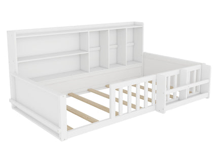 Platform Bed Frame With Guardrail, Storage Shelves & Bookshelf