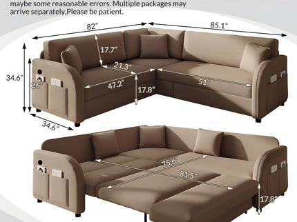 L-Shaped Couch With Pull-Out Bed, Oversize Convertible Sleeper Sofa With Side Pocket & USB Port