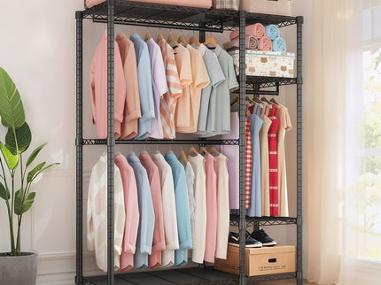 Freestanding Clothes Rack, With 6 Adjustable Wire Shelves And 3 Garment Rails - Black