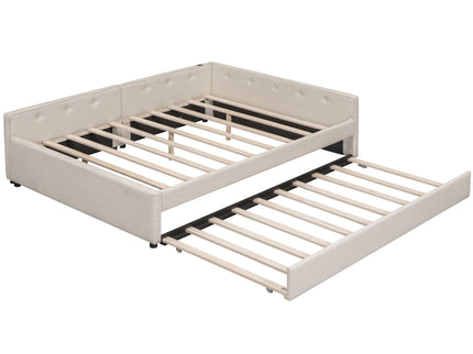 Queen Size Upholstered Platform Bed With USB And Twin Trundle - Beige