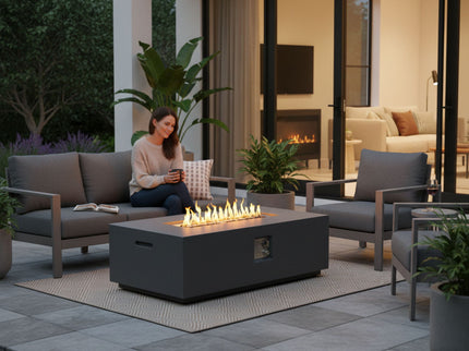 Volon - Rectangular Fire Pit Table, Propane Powered, 50,000 BTU - Light Gray