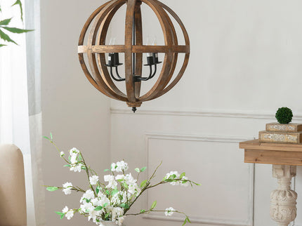 4 Light Wood Chandelier, Hanging Light Fixture With Adjustable Chain For Kitchen, Bulb Not Included - Brown