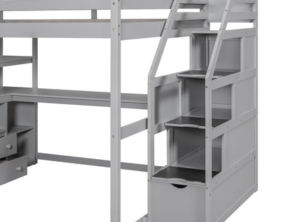 Loft Bed With Desk, Shelves, 2 Drawers, Storage Staircase