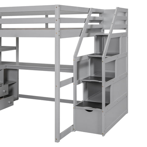 Loft Bed With Desk, Shelves, 2 Drawers, Storage Staircase