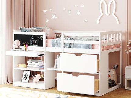 Low Loft Bed With Rolling Desk, Shelf And Drawers