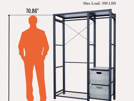 Garment Rack With Shelves, 2 Wicker Drawers, 4 Hooks, Organizer