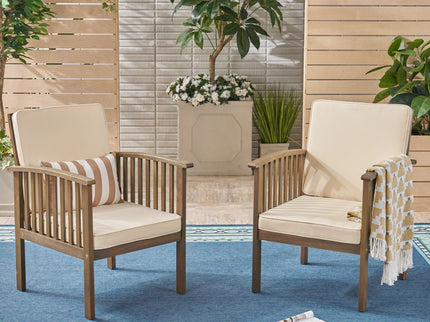 Casa Acacia Wood Club Chairs (Set of 2) With Water Resistant Cushions - Gray / Cream