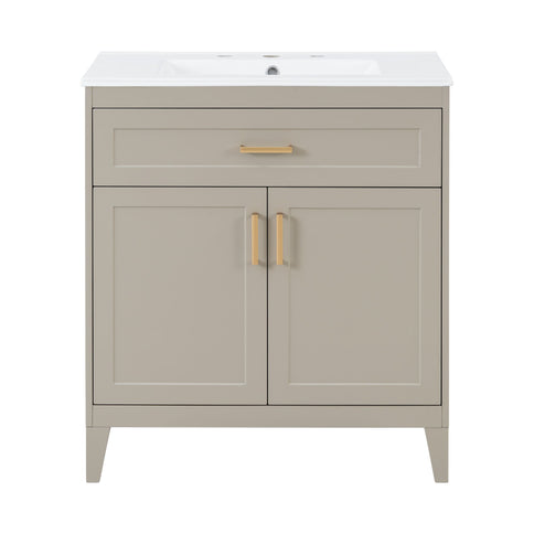 30" Bathroom Vanity With Sink Top, Soft Close Double Doors & Tip Out Drawer, Adjustable Interior Shelf, Door Mounted Organizers - Beige