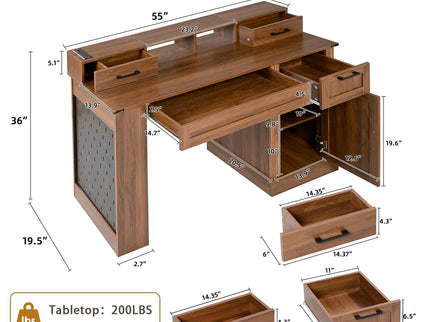 Office Desk With Storage Cabinet, Charging Station, Monitor Stand & Pegboard