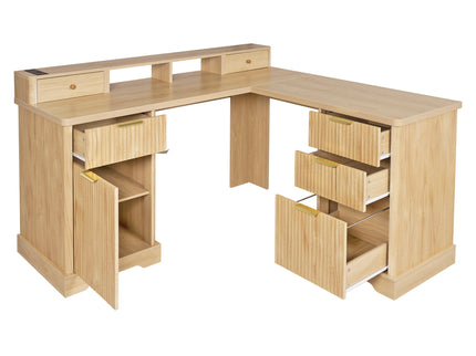 Fluted L-Shaped Desk With Charging Station & Storage Cabinet