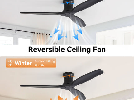 52" Ceiling Fan, No Light Flush Mount Low Profile 3 Blades With Remote Control
