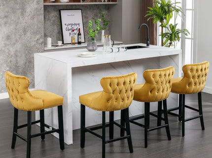 Contemporary Upholstered Wing-Back Barstools With Button Tufted Decoration And Wooden Legs, And Nailhead Trim, Leisure Style Bar Chairs, Bar Stools (Set of 2)