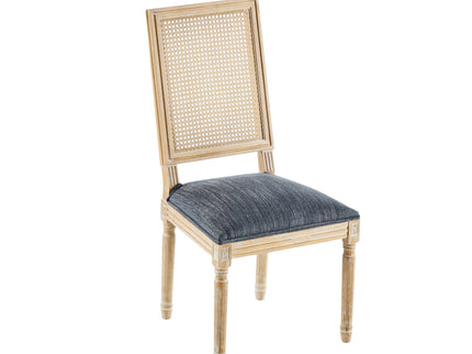 French Country Dining Chair With Rectangular Cane Backrest And Smooth Upholstered Seating