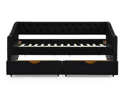 Upholstered Tufted Daybed With 2 Drawers, Waved Arms