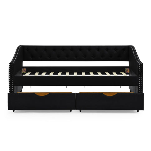 Upholstered Tufted Daybed With 2 Drawers, Waved Arms