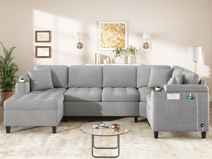 U Shaped Sectional Sofa, Corner Living Room Couch With Built In Cup Holders, Storage, USB Ports