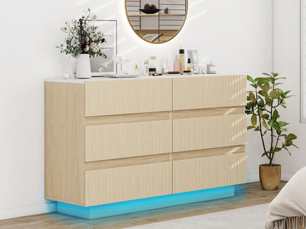 Fluted 6 Drawers Dresser, Double Dresser Chest Of Drawers, Modern Chest Of Drawers With LED, Drawer Organizer For Bedroom, Living Room, Hallway - Natural