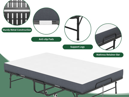 Twin Wide Folding Bed For Tall People, Extra Long & Wide Rollaway With Memory Foam, Heavy-Duty Capacity Guest, Spacious Portable Cot - Black