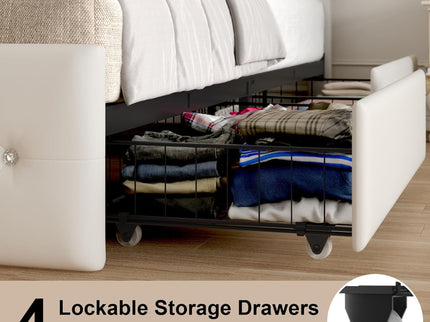 Upholstered Bed Frame With LED Lights, 4 Storage Drawers, Charging Station
