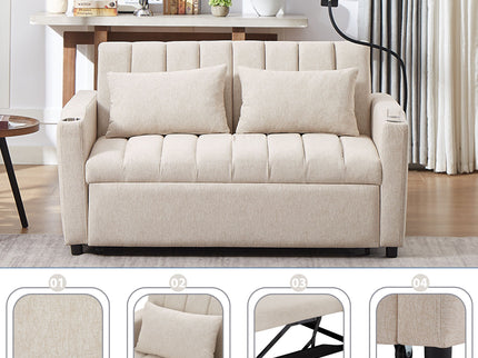 Convertible Sofa Bed Loveseat Sofa With Three USB Ports, Two Side Pockets, Two Cup Holders And 360° swivel Phone Holder For Living Room