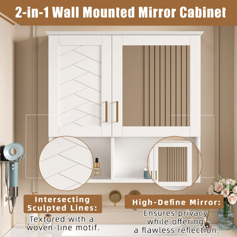 2 In 1 Wall-Mounted Mirror Cabinet With Adjustable Shelves, Soft-Close Doors, High-Definition Mirror & Storage