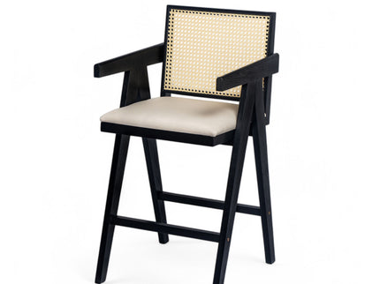 Woven Cane Plastic Backrest Bar Stool Foam Padded Fabric Seat & Durable Rubberwood Frame - Cream Gray