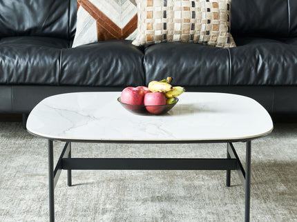Modern Rectangular Rock Plate Coffee Table Open Space Design Golden Metal Frame Minimalist Living Room Center Table For Lounge Office - Black White