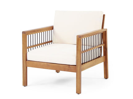Club Chair With Slat Panel Design - Teak / Beige